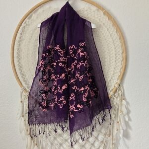 100% Linen Embroidered Fringe Scarf Wrap Shawl Boho Bohemian OS